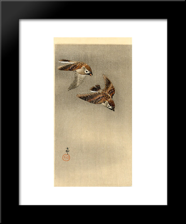Two Sparrows In Flight 20x24 Black Modern Wood Framed Art Print Poster by Koson, Ohara