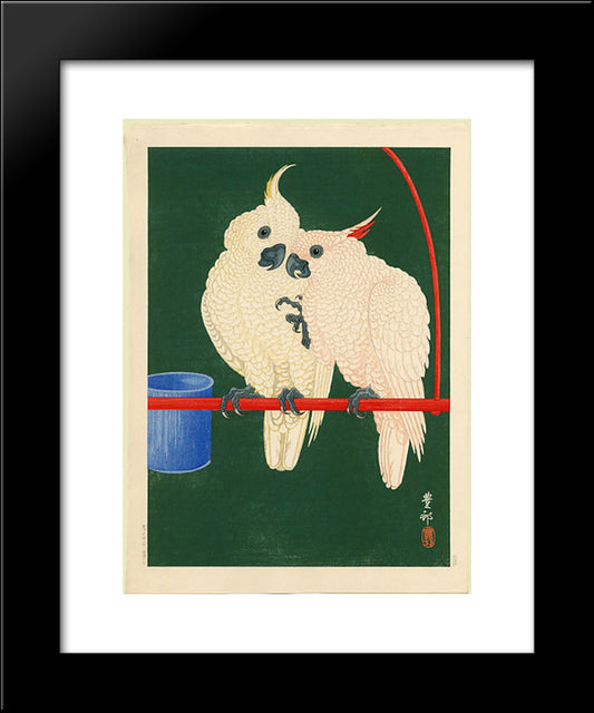 Two White Cockatoos On A Red Bar 20x24 Black Modern Wood Framed Art Print Poster by Koson, Ohara