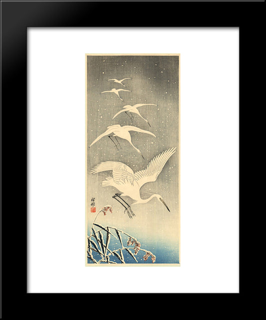 White Birds In Snow 20x24 Black Modern Wood Framed Art Print Poster by Koson, Ohara