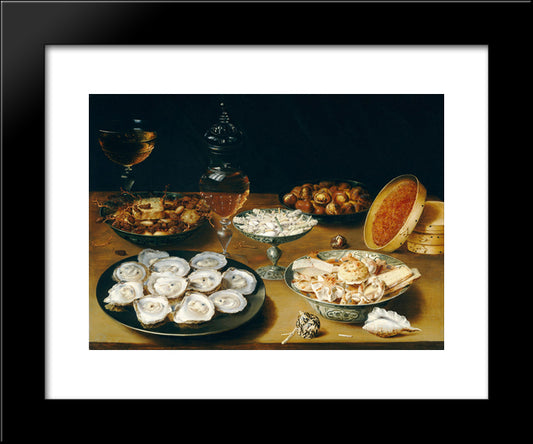 Dishes With Oysters, Fruit, And Wine 20x24 Black Modern Wood Framed Art Print Poster by Beert, Osias