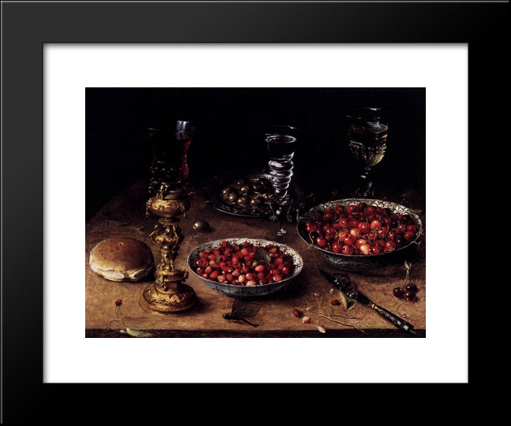 Still Life With Cherries And Strawberries In China Bowls 20x24 Black Modern Wood Framed Art Print Poster by Beert, Osias