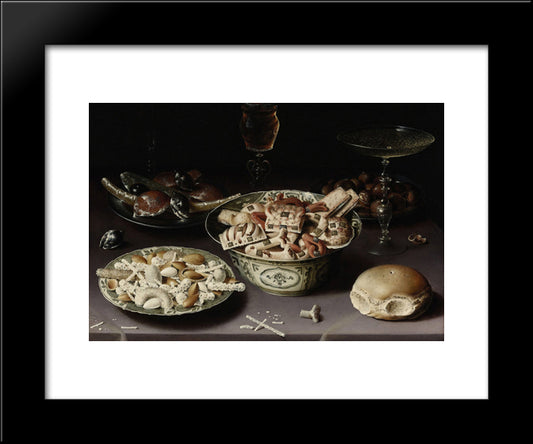 Three Dishes Of Sweetmeats And Chestnuts With Three Glasses On A Table 20x24 Black Modern Wood Framed Art Print Poster by Beert, Osias