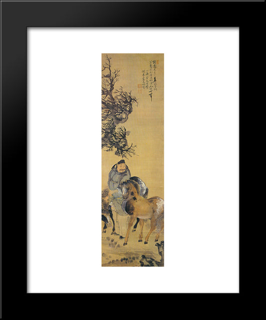 The Painting Of A Man With Two Horses 20x24 Black Modern Wood Framed Art Print Poster by Owon