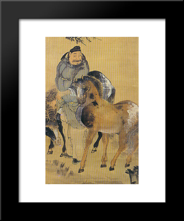 The Painting Of A Man With Two Horses (Detail) 20x24 Black Modern Wood Framed Art Print Poster by Owon