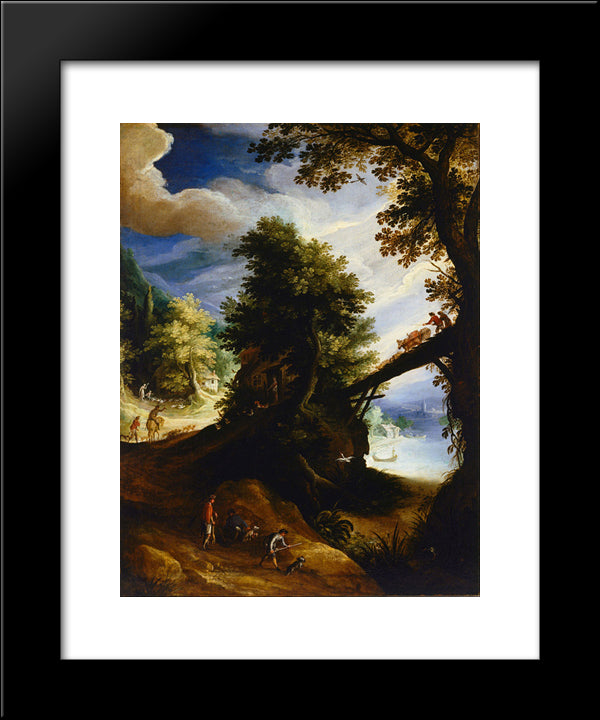 A Wooded Landscape With A Bridge And Sportsmen At The Edge Of The River 20x24 Black Modern Wood Framed Art Print Poster by Bril, Paul