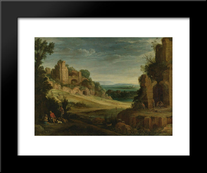 Landscape With A Hunting Party And Roman Ruins 20x24 Black Modern Wood Framed Art Print Poster by Bril, Paul