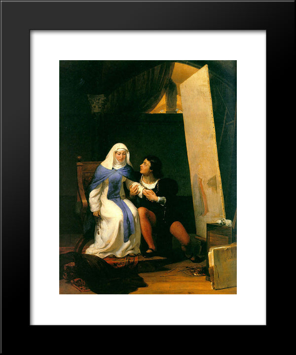 Fra Filippo Lippi Falling In Love With His Model 20x24 Black Modern Wood Framed Art Print Poster by Delaroche, Paul