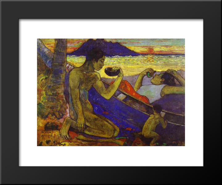 A Canoe (Tahitian Family), 20x24 Black Modern Wood Framed Art Print Poster by Gauguin, Paul