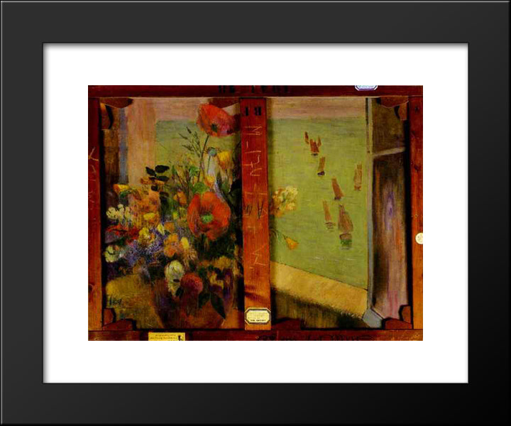 Bouquet Of Flowers With A Window Open To The Sea (Reverse Of Hay-Making In Brittany) 20x24 Black Modern Wood Framed Art Print Poster by Gauguin, Paul