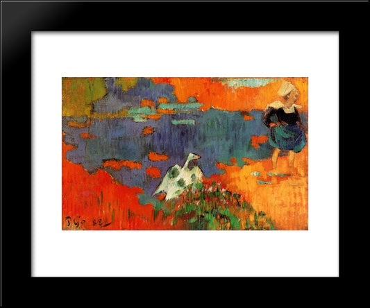 Breton Woman And Goose By The Water 20x24 Black Modern Wood Framed Art Print Poster by Gauguin, Paul