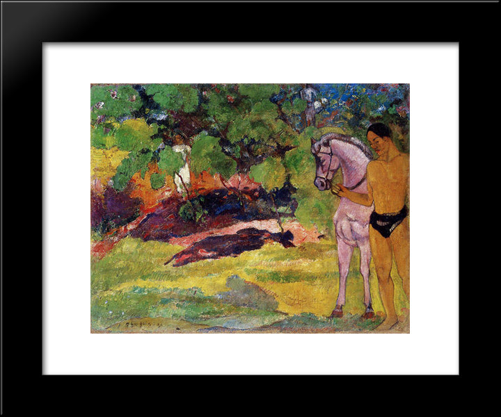 In The Vanilla Grove, Man And Horse (The Rendezvous) 20x24 Black Modern Wood Framed Art Print Poster by Gauguin, Paul