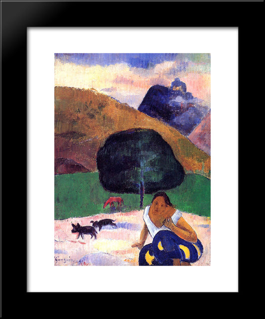 Landscape With Black Pigs And A Crouching Tahitian 20x24 Black Modern Wood Framed Art Print Poster by Gauguin, Paul