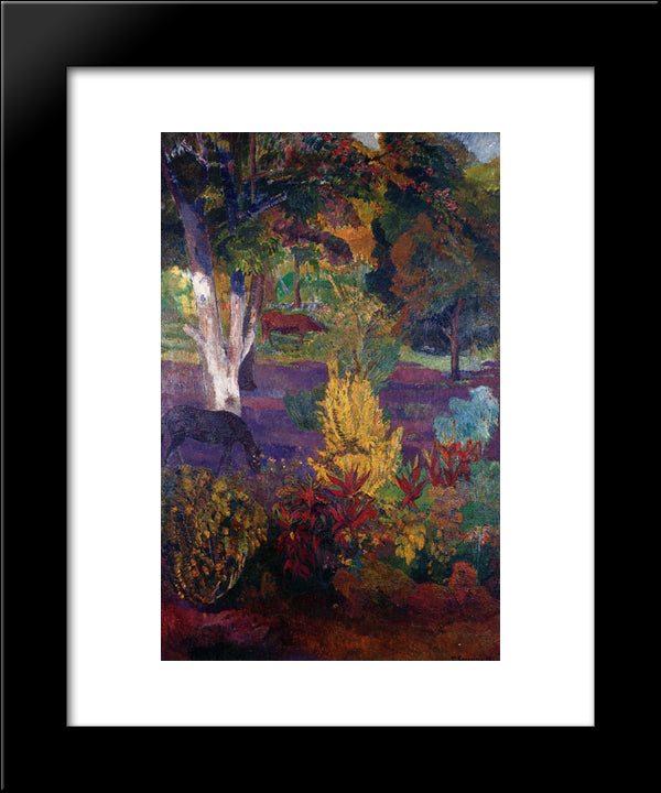 Marquesan Landscape With Horses 20x24 Black Modern Wood Framed Art Print Poster by Gauguin, Paul