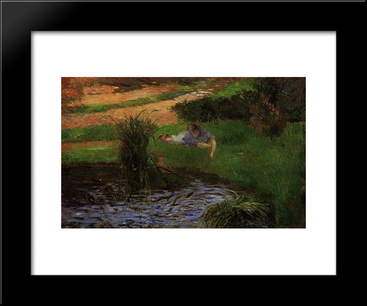 Pond With Ducks (Girl Amusing Herself) 20x24 Black Modern Wood Framed Art Print Poster by Gauguin, Paul