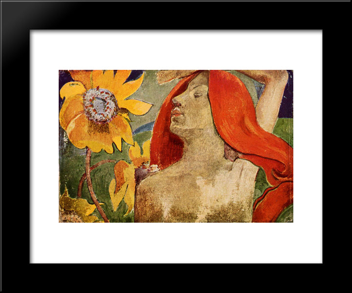 Redheaded Woman And Sunflowers 20x24 Black Modern Wood Framed Art Print Poster by Gauguin, Paul