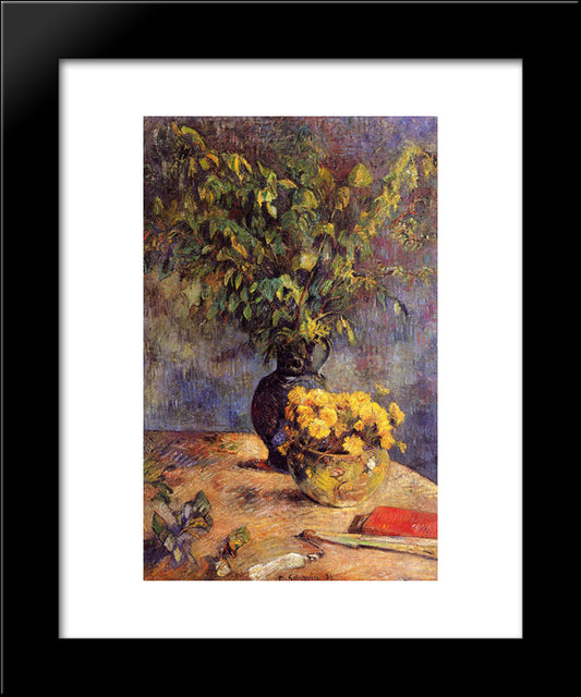 Two Vases Of Flowers And A Fan 20x24 Black Modern Wood Framed Art Print Poster by Gauguin, Paul