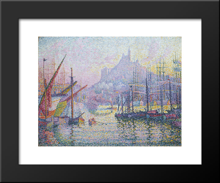 View Of The Port Of Marseilles 20x24 Black Modern Wood Framed Art Print Poster by Signac, Paul