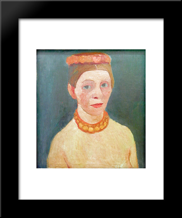 Self Portrait With Red Flower Wreath And Chain 20x24 Black Modern Wood Framed Art Print Poster by Modersohn Becker, Paula