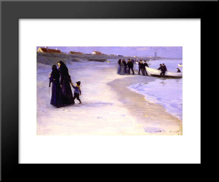 A White Boat At The Shoreline, Late Summer Evening 20x24 Black Modern Wood Framed Art Print Poster by Kroyer, Peder Severin