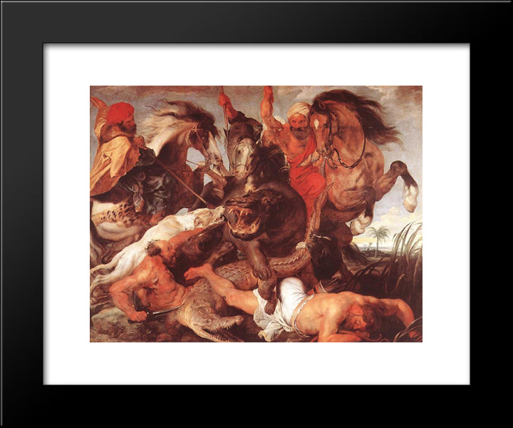 Hippopotamus And Crocodile Hunt 20x24 Black Modern Wood Framed Art Print Poster by Rubens, Peter Paul