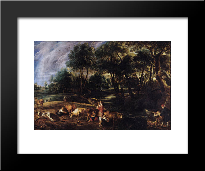 Landscape With Cows And Wildfowlers 20x24 Black Modern Wood Framed Art Print Poster by Rubens, Peter Paul