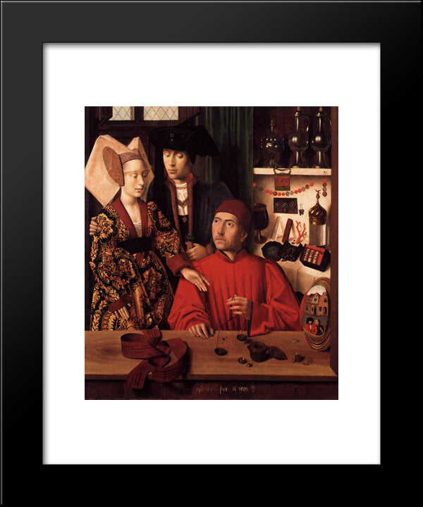 St. Eligius As A Goldsmith Showing A Ring To The Engaged Couple 20x24 Black Modern Wood Framed Art Print Poster by Christus, Petrus
