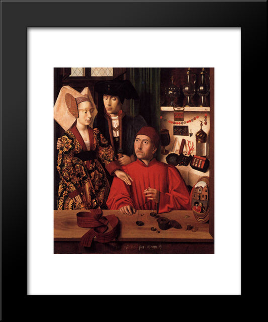 St. Eligius As A Goldsmith Showing A Ring To The Engaged Couple 20x24 Black Modern Wood Framed Art Print Poster by Christus, Petrus