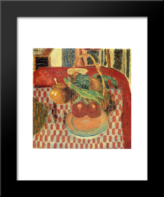 Basket And Plate Of Fruit On A Red Checkered Tablecloth 20x24 Black Modern Wood Framed Art Print Poster by Bonnard, Pierre