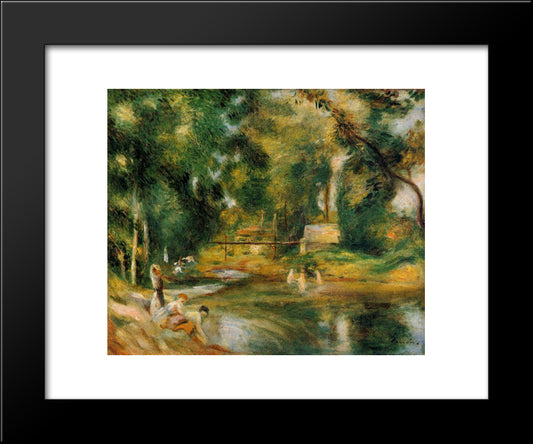 Essoyes Landscape Washerwoman And Bathers 20x24 Black Modern Wood Framed Art Print Poster by Renoir, Pierre Auguste