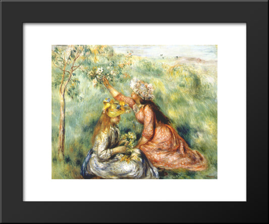 Girls Picking Flowers In A Meadow 20x24 Black Modern Wood Framed Art Print Poster by Renoir, Pierre Auguste