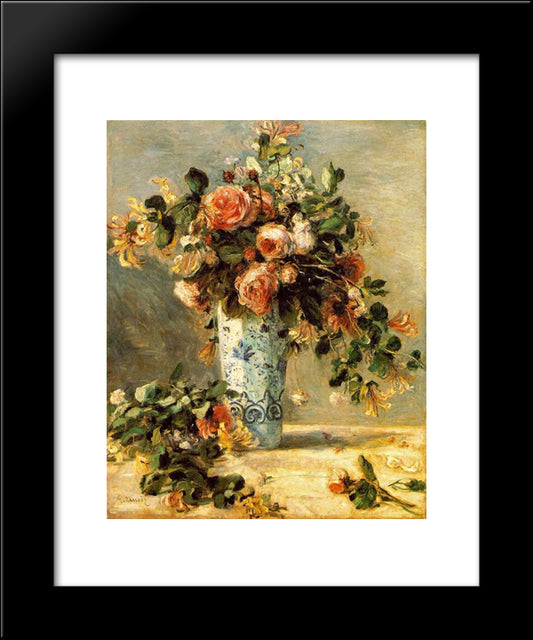 Roses And Jasmine In A Delft Vase 20x24 Black Modern Wood Framed Art Print Poster by Renoir, Pierre Auguste