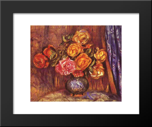 Roses Before The Blue Curtain 20x24 Black Modern Wood Framed Art Print Poster by Renoir, Pierre Auguste