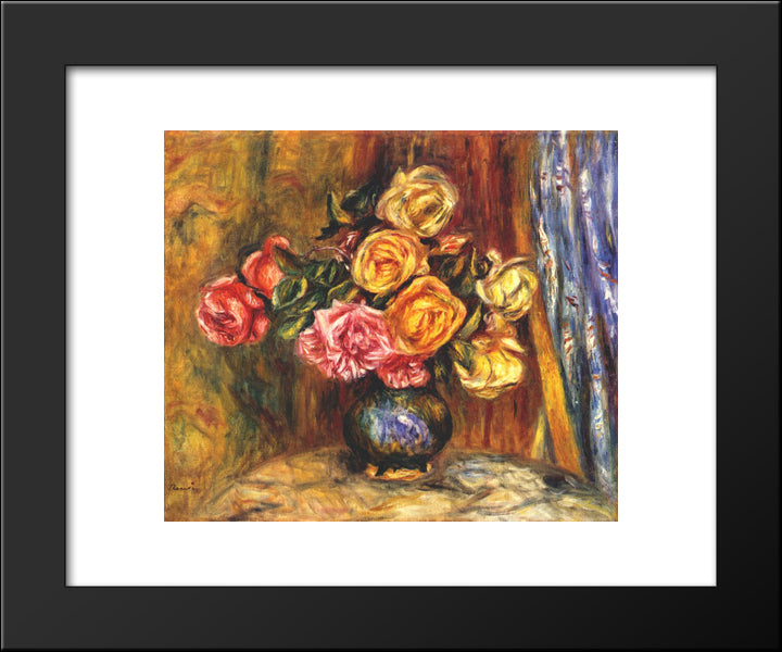 Roses In Front Of A Blue Curtain 20x24 Black Modern Wood Framed Art Print Poster by Renoir, Pierre Auguste