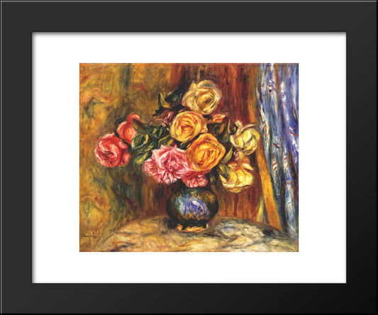 Roses In Front Of A Blue Curtain 20x24 Black Modern Wood Framed Art Print Poster by Renoir, Pierre Auguste
