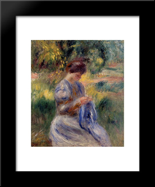 The Embroiderer (Woman Embroidering In A Garden) 20x24 Black Modern Wood Framed Art Print Poster by Renoir, Pierre Auguste