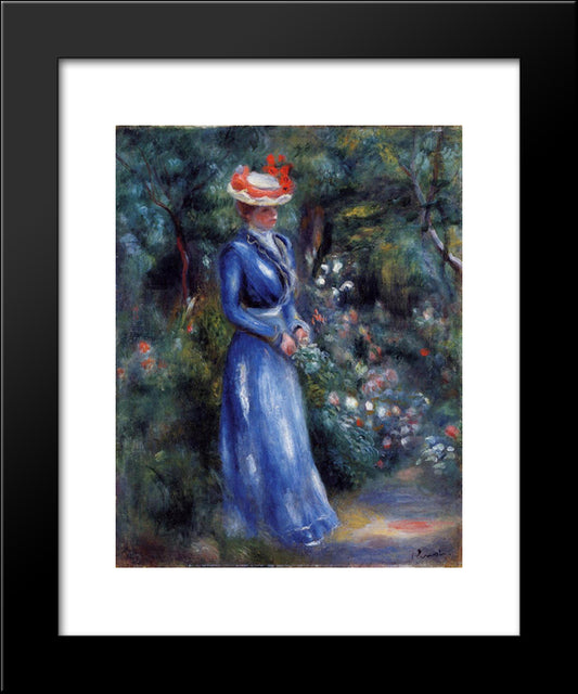 Woman In A Blue Dress, Standing In The Garden Of Saint Cloud 20x24 Black Modern Wood Framed Art Print Poster by Renoir, Pierre Auguste