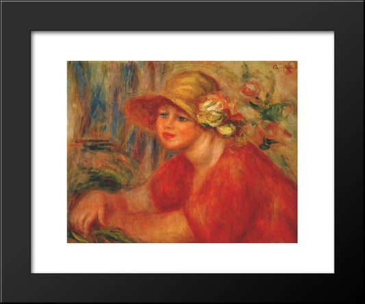 Woman In A Hat With Flowers 20x24 Black Modern Wood Framed Art Print Poster by Renoir, Pierre Auguste