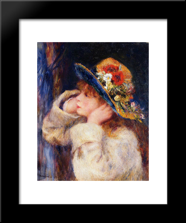 Young Girl In A Hat Decorated With Wildflowers 20x24 Black Modern Wood Framed Art Print Poster by Renoir, Pierre Auguste