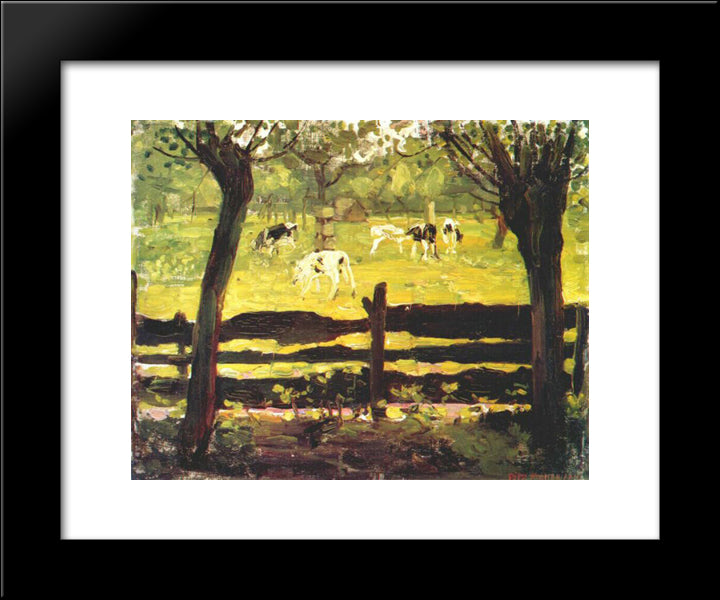 Calves In A Field Bordered By Willow Trees 20x24 Black Modern Wood Framed Art Print Poster by Mondrian, Piet