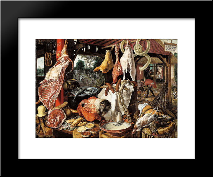 Butcher'S Stall With The Flight Into Egypt 20x24 Black Modern Wood Framed Art Print Poster by Aertsen, Pieter