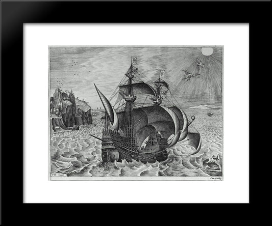 Armed Three Master With Daedalus And Icarus In The Sky 20x24 Black Modern Wood Framed Art Print Poster by Bruegel the Elder, Pieter