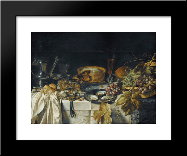 Still Life With A Pie, Basket Of Grapes, Pitcher And Watch 20x24 Black Modern Wood Framed Art Print Poster by Claesz, Pieter