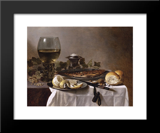 Still Life With Herring, Wine And Bread 20x24 Black Modern Wood Framed Art Print Poster by Claesz, Pieter