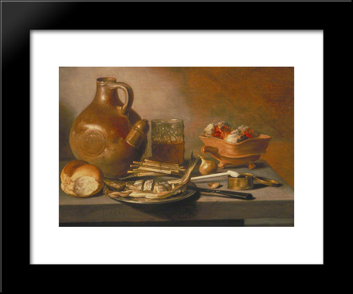 Still Life With Herring, Wine And Bread 20x24 Black Modern Wood Framed Art Print Poster by Claesz, Pieter