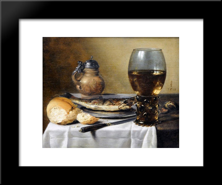 Still Life With Jug, Wine Glass, Herring And Bread 20x24 Black Modern Wood Framed Art Print Poster by Claesz, Pieter