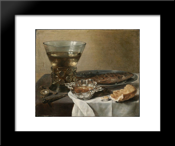 Still Life With Silver Brandy Bowl, Wine Glass, Herring And Bread 20x24 Black Modern Wood Framed Art Print Poster by Claesz, Pieter