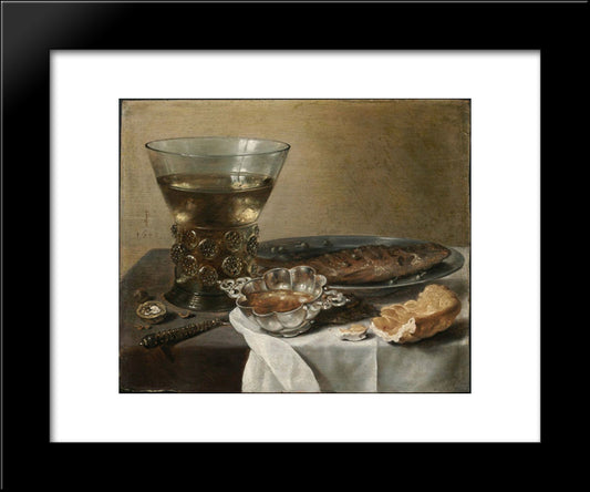 Still Life With Silver Brandy Bowl, Wine Glass, Herring And Bread 20x24 Black Modern Wood Framed Art Print Poster by Claesz, Pieter