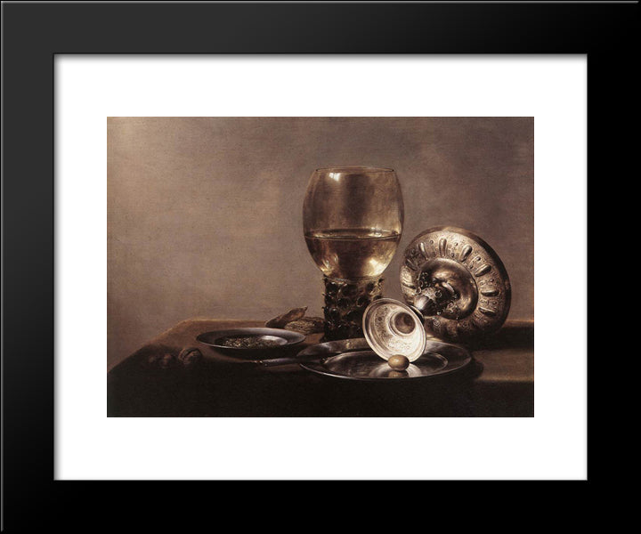 Still Life With Wine Glass And Silver Bowl 20x24 Black Modern Wood Framed Art Print Poster by Claesz, Pieter