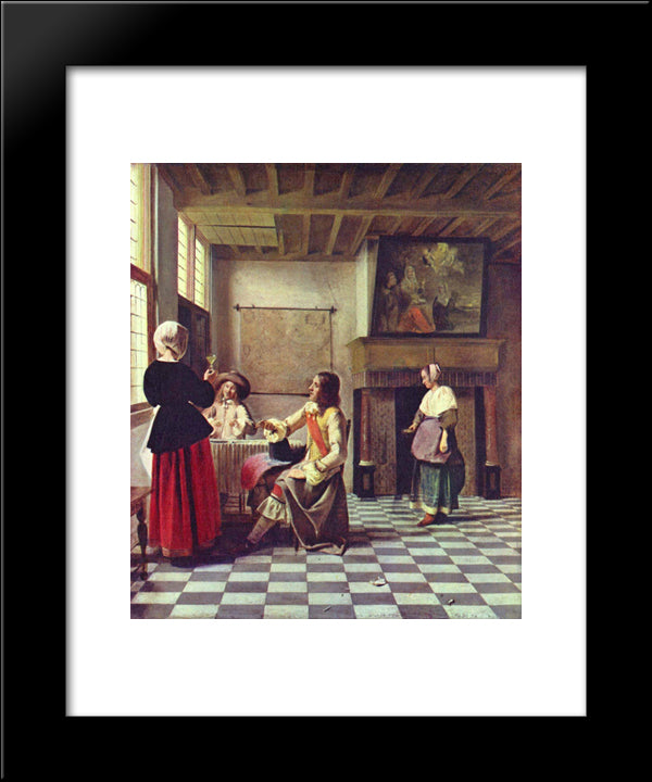 A Woman Drinking With Two Men 20x24 Black Modern Wood Framed Art Print Poster by Hooch, Pieter de