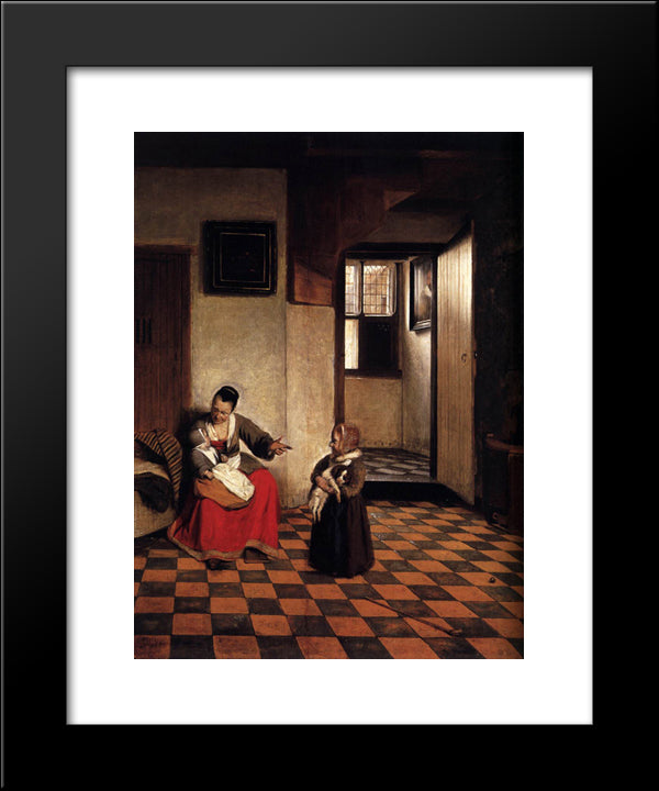 A Woman With A Baby In Her Lap, And A Small Child 20x24 Black Modern Wood Framed Art Print Poster by Hooch, Pieter de